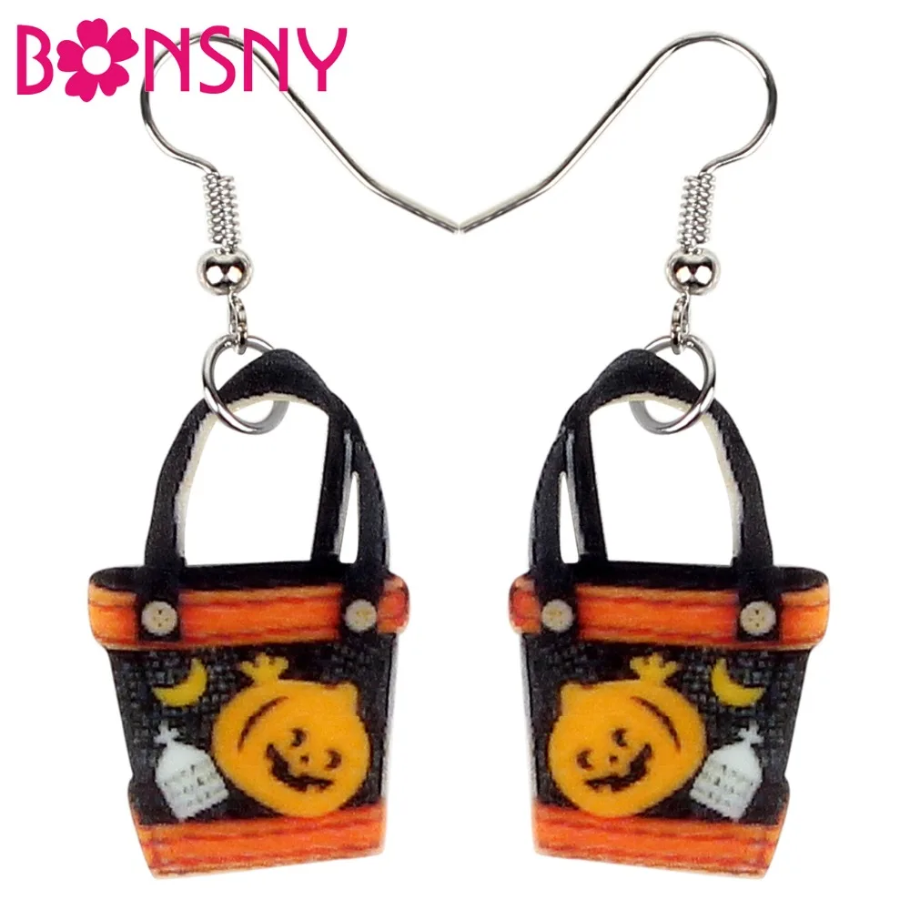 

Bonsny Acrylic Happy Halloween Pumpkin Handbag Earrings Drop Dangle Elegant Cute Jewelry For Women Girls Teens Gift Accessories