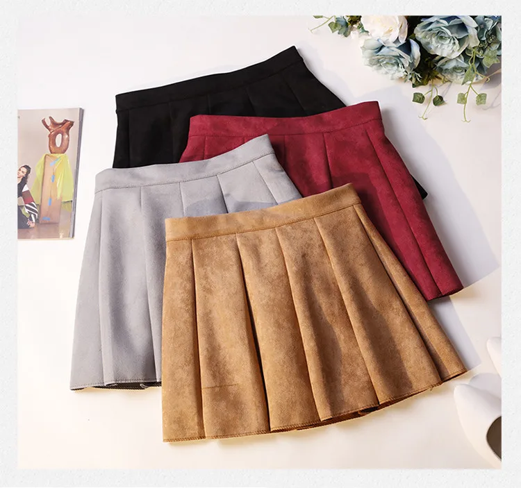 2018 Для Женщин Faux Suede Skirt осень-зима Высокая талия маленький зонтик юбки дамы-line мини-юбка универсальные плиссированные юбки 1093