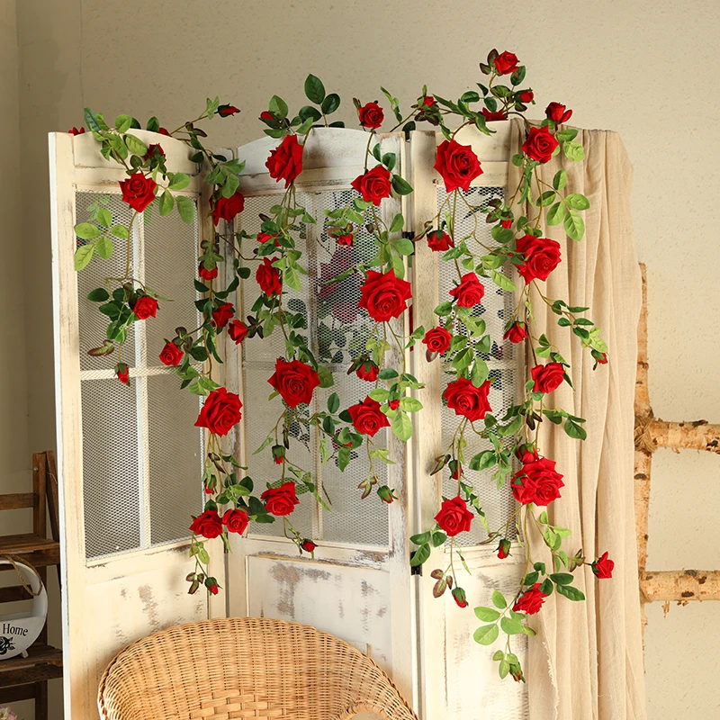 

Xuanxiaotong 180cm Red Rose Flowers Vine for Home Wedding Decor Wall Mount Flower String Free Bending Artificial Flower Rattan