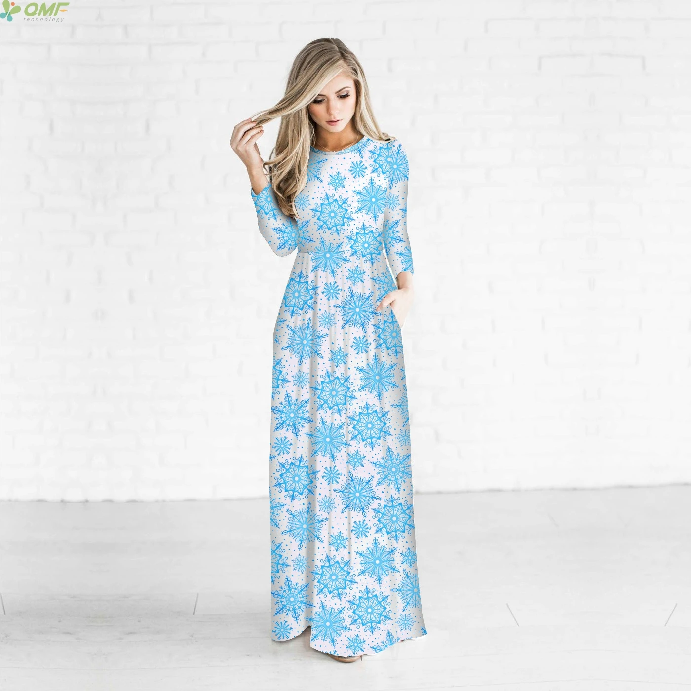 Fashion Blue Snowflake Holiday Lady Maxi Dress Christmas Party Long