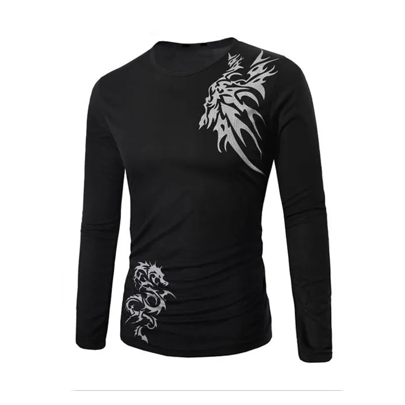 Slim Fit Tattoo Printed Men T shirt Long Sleeve Shirts Brand Solid Top Sale Tees Quick Dry