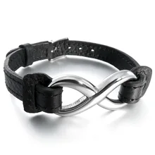 Новинка, распродажа, браслет из нержавеющей стали и натуральной кожи, браслет, черный, символ бесконечности, любовь, регулируемый