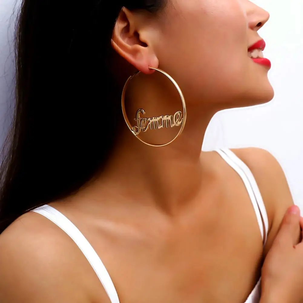 

Women Geometric Femme Baby Letter Hollow Hoop Circle Earring Statement Jewelry 2
