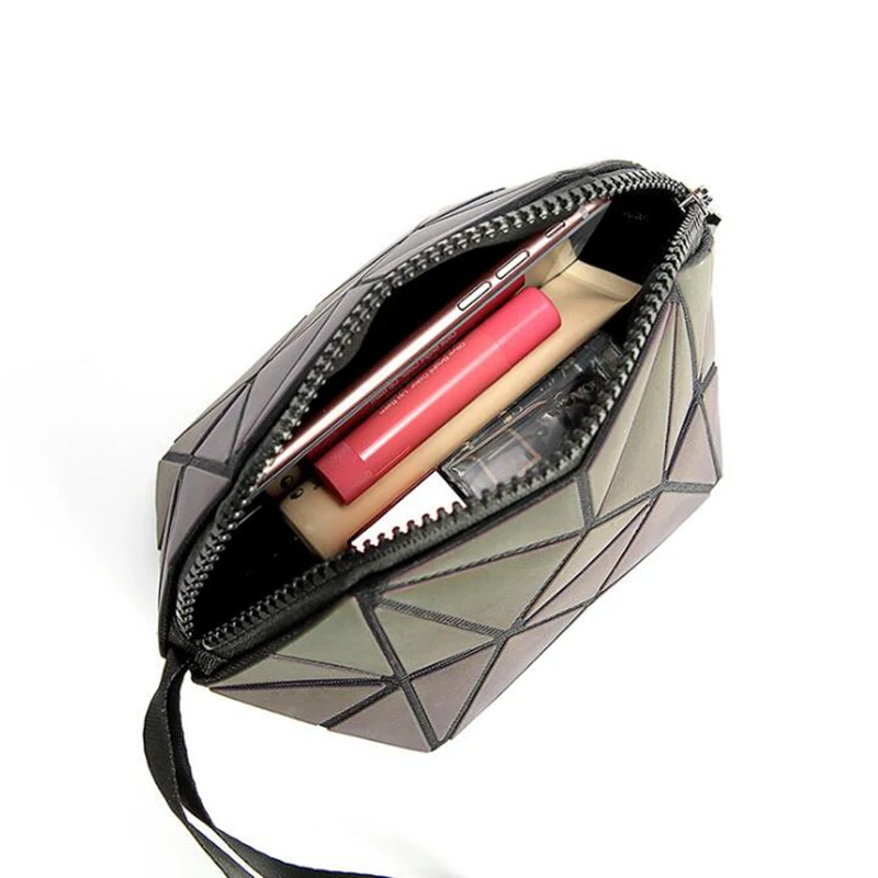 حقيبة مستحضرات تجميل أنيقة النساء هندسية سستة مضيئة حقيبة مستحضرات تجميل السيدات المنظم للطي السفر المكياج غسل كيت حقيبة مستحضرات تجميل