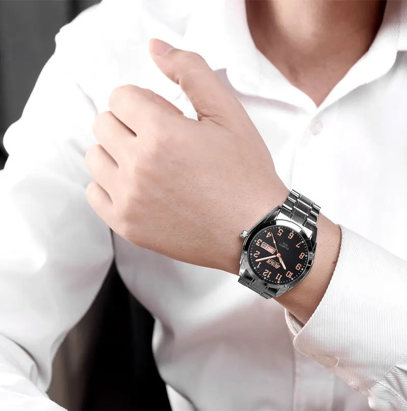

Mens Black Dial Gold Stainless Steel Calendar Date Saat Quartz Analog Wrist Six Pin Watch relogio masculino