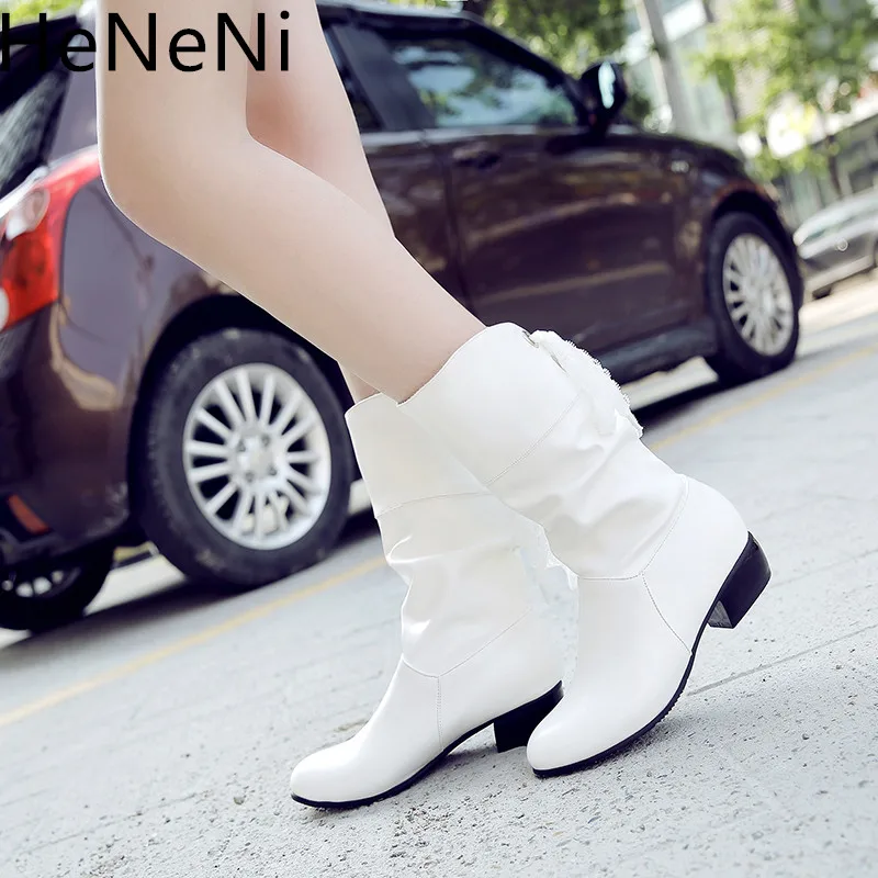 

Autumn Winter Women Boots Mid-Calf Martin Boots Brand Fashion Female Leather Slip-on Boots Flat Shoes Woman Plus size 31-43