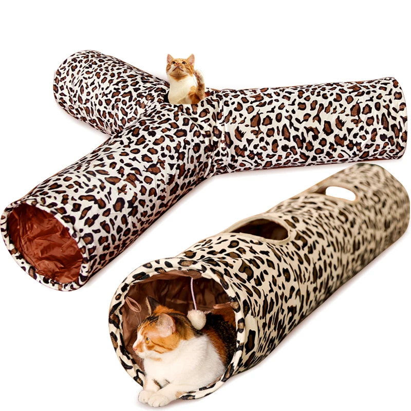 Crinkle Leopard Pet Cat Tunnel Collapsible Play Tubes Toys Kitten Rabbit Tunnels