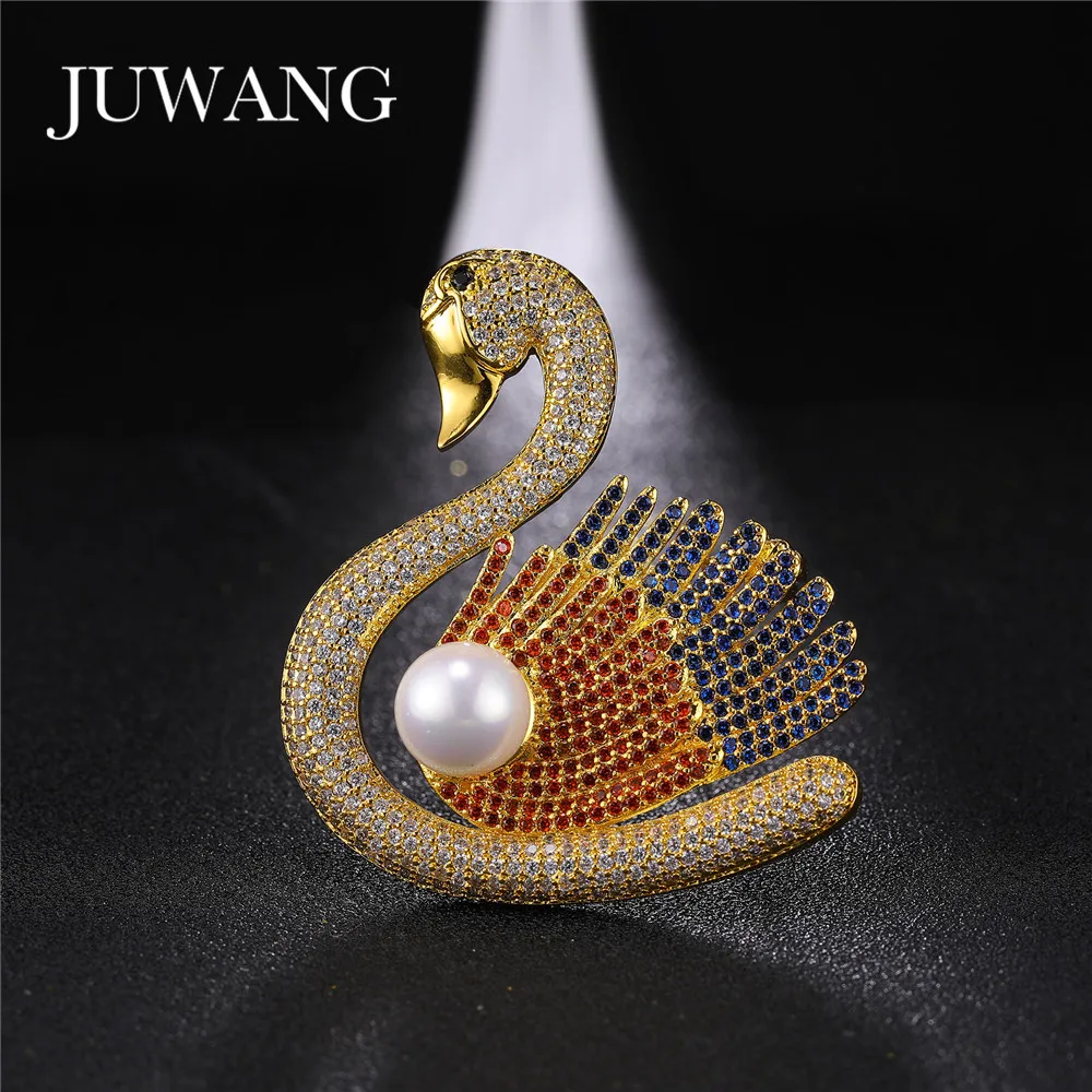 

JUWANGCute Crystal Rhinestone Swan Brooch pins For Women Elegant Noble Pearl Brooches Scarf Vintage Wedding Lapel Pins Jewelry