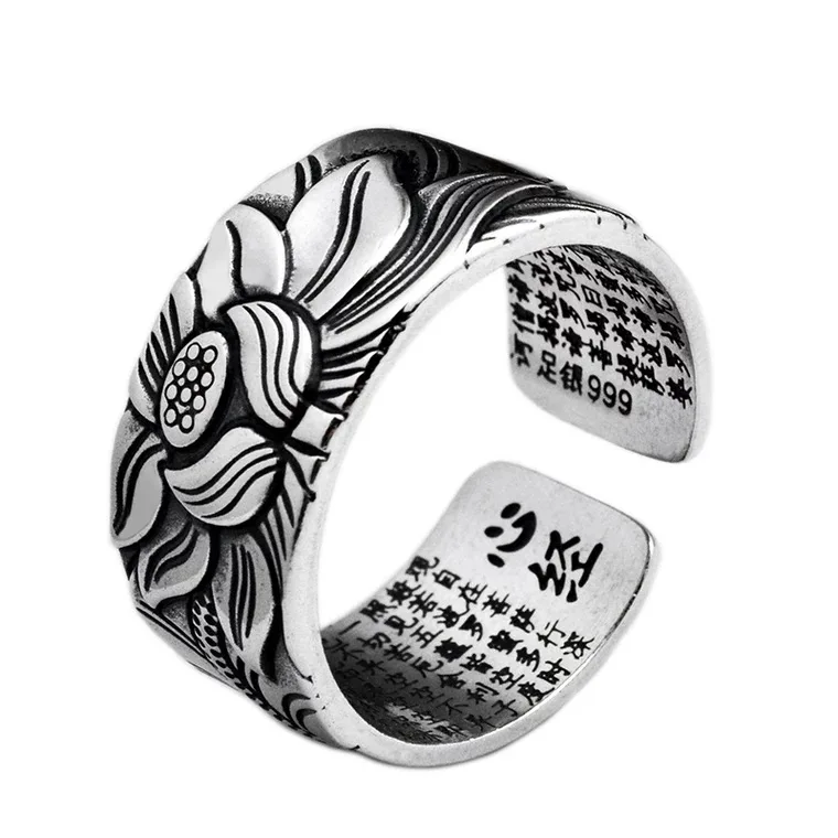 

Upscale 999 Silver Lotus Rings Good Luck Buddha Adjustable Size Trendy Popular S999 Solid Thai Silver Ring for Women Men Jewelry