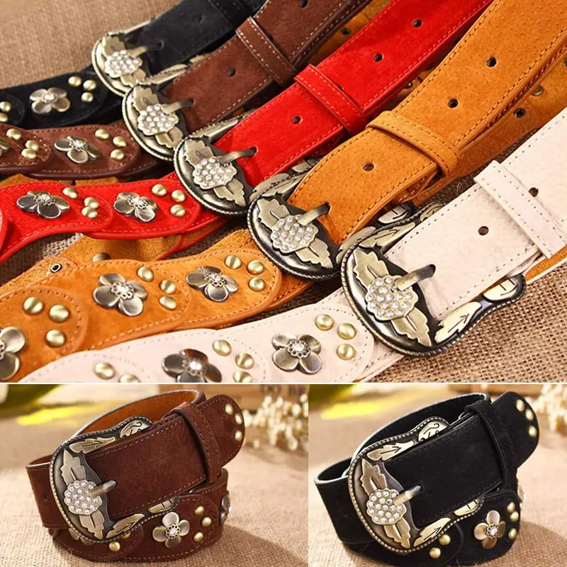 Retro Women's Belt Geniune Leather Rhinestone Flower Brass Pin Buckle