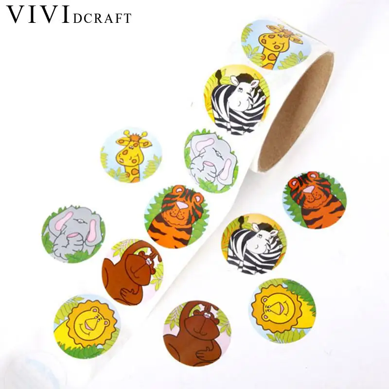 Vividcraft 100 Pcs/roll Kawaii Cartoon Smile Animals Label Sticker Hand Made Stickers Adhesive Printer Paper Custom Stickers