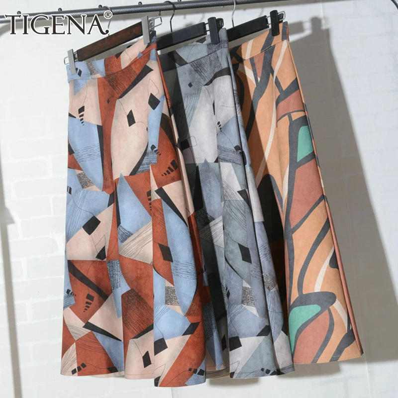 

TIGENA Geometric Print Long Suede Skirt Women Fashion 2019 Autumn Winter High Waist A-line Elegant Midi Long Skirt Female