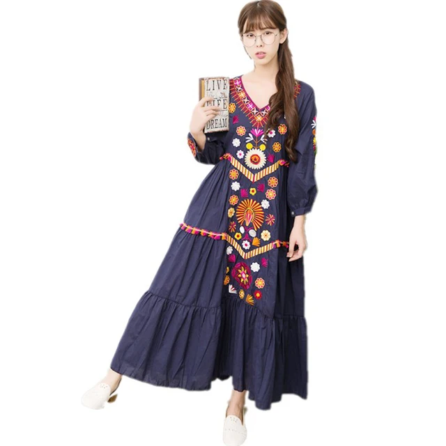 Ethnic Vintage Embroidery Mexican Long Dress Women 2018 Luxury Brand Ethnic Vintage Embroidery Mexican Long Dress Women 2018 Luxury Brand Cotton Dresses Boho People Clothing Vestido