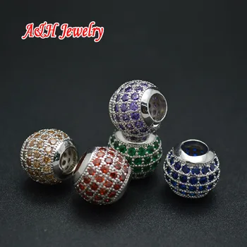 

DIY Findings Colorful Zircon Paved Big Hole Round Beads For Luxury Jewelry Making Materials Blue Green Orange Green Beads