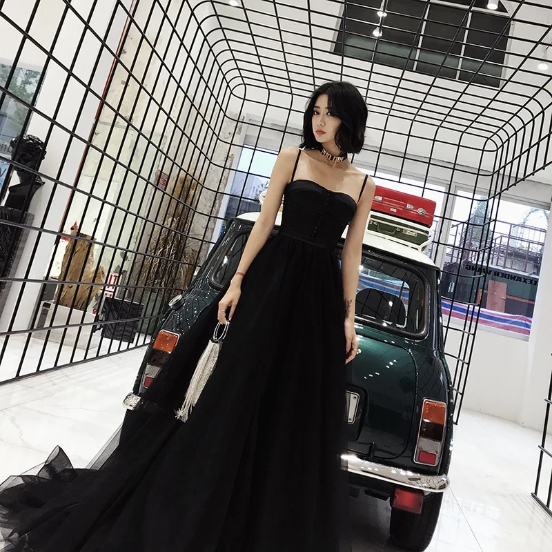 

Black Evening Dress Spaghetti Strap Sexy Bandage Formal Prom Dresses Strapless Lace Up Train Elegant Tulle Long Party Gown E085