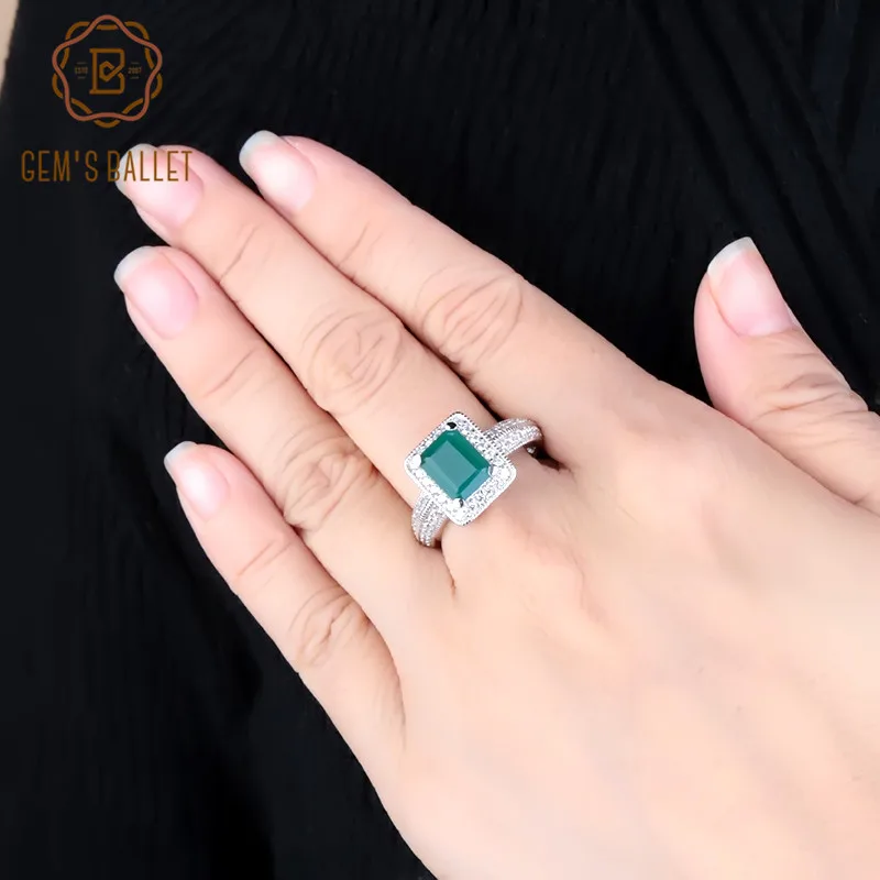 

Gem's Ballet 2.05Ct Classic Women Emerald Cut Natural Green Agate Ring 925 Sterling Silver Gemstone Vintage Rings Fine Jewelry