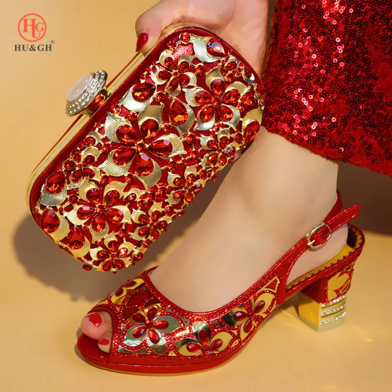 

New Italian Shoe With Matching Bag For Party With Stones Wedding Shoes And Bag Set High Quality Women Pumps Red color PU leather