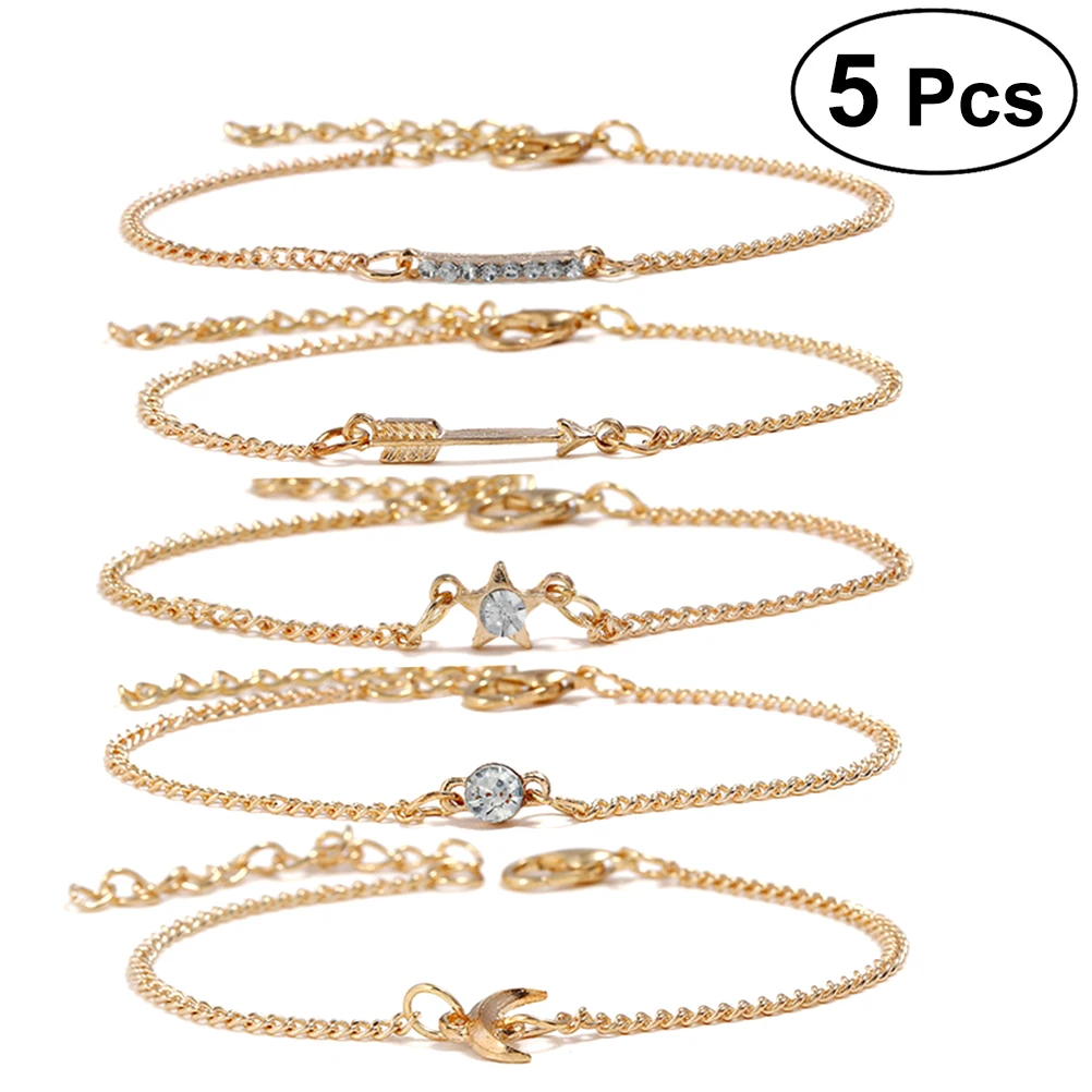 

5Pcs / Set Crystal Bracelets Anklets for Women Girls Cupid's Arrow Ankle Chains Bracelets Adjustable Beach Anklet Foot Jewelry