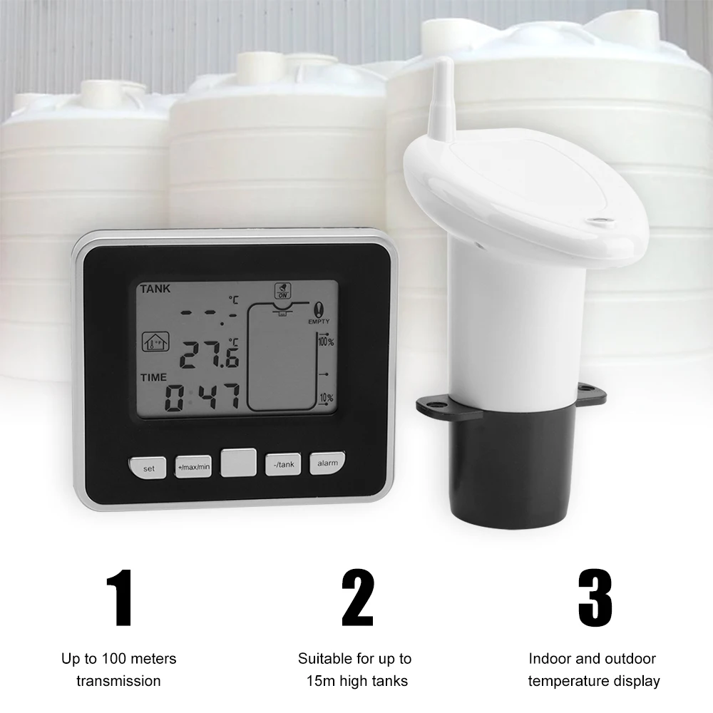 

Ultrasonic Water Tank Level Meter Sensor Temperature Digital Display Time Setting Alarm Liquid Depth Level Gauge Measuring Tool