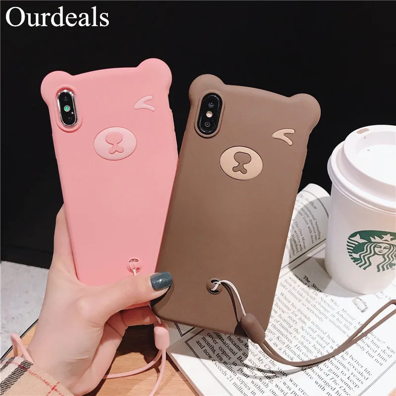 

Ourdeals Cute Liquid Silicone Bear Phone Case For Huawei P20plus Nova3 3e 3i Mate20pro Case TPU Soft Shell Solid Color Lanyard