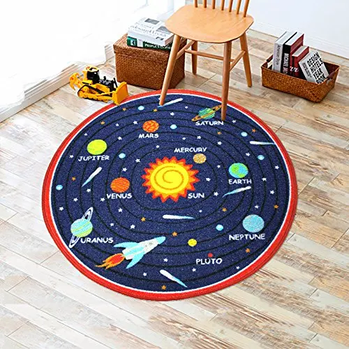 

Round Kids Rug with Solar System Printed Learning Area Rug Children's Fun Tapete Carpet Non Slip Bottom (39" Diameter Round)