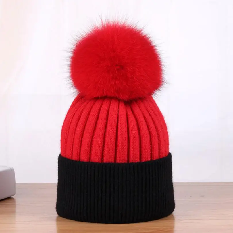 Doitbest Корея натуральным лисьим мехом зимняя женская шапка для девочек шапка с помпоном вязаная шапка женская меховая шапка с помпоном дамские шапочки - Цвет: red 1