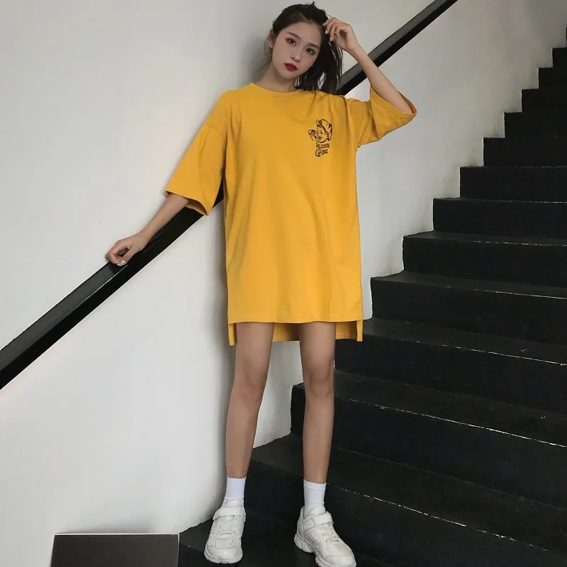 Летняя Милая футболка с буквенным принтом, корейский стиль, короткий рукав, футболка, harajuku Kawaii, свободная желтая футболка, женские футболки