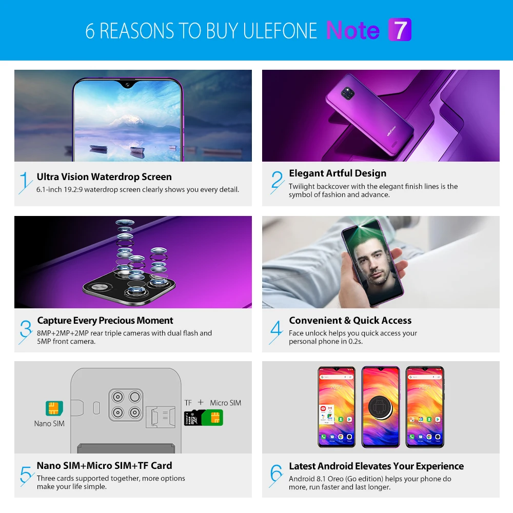  Ulefone Note 7 Smartphone 6.1 inch 19:9 Waterdrop Android 8.1 1GB+16GB Quad Core 3500mAh Face Unloc
