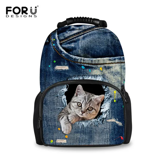 FORUDESIGNS/джинсовые милые большие школьные сумки с 3D котом и собакой; женский рюкзак; Повседневный школьный рюкзак для книг; дорожный рюкзак; Mochila рюкзак Escolar - Цвет: CA4914A