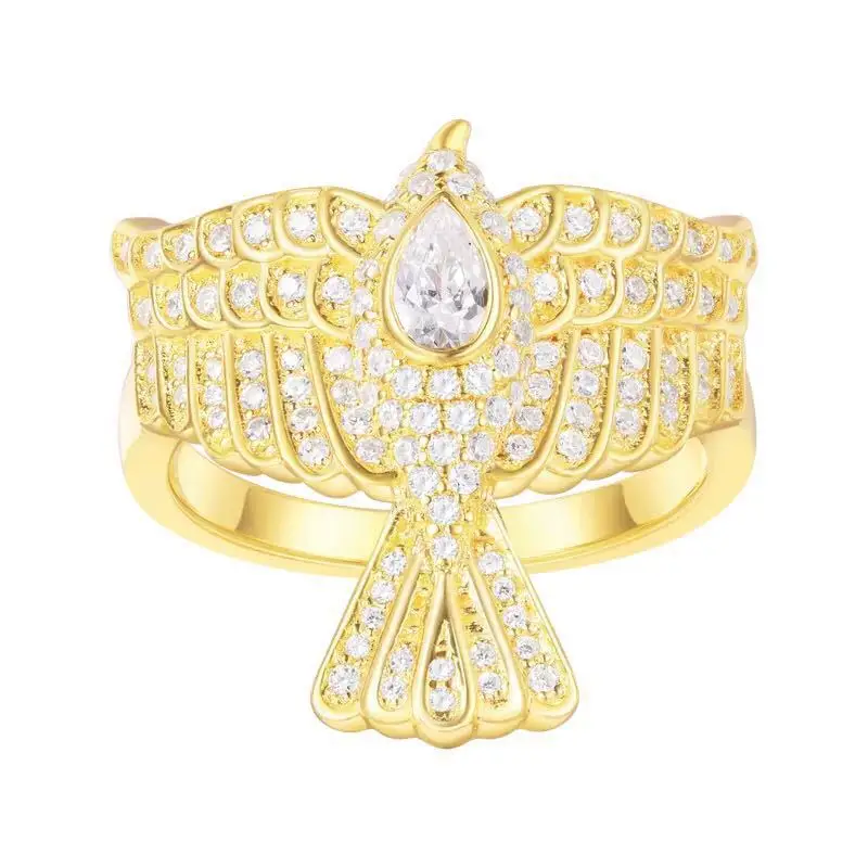 

High Quality 925 Sterling Silver Gold Color Full Cubic Zirconia Falcon Finger Ring Women Monaco Egyptian CZ Eagle Ring Jewelry