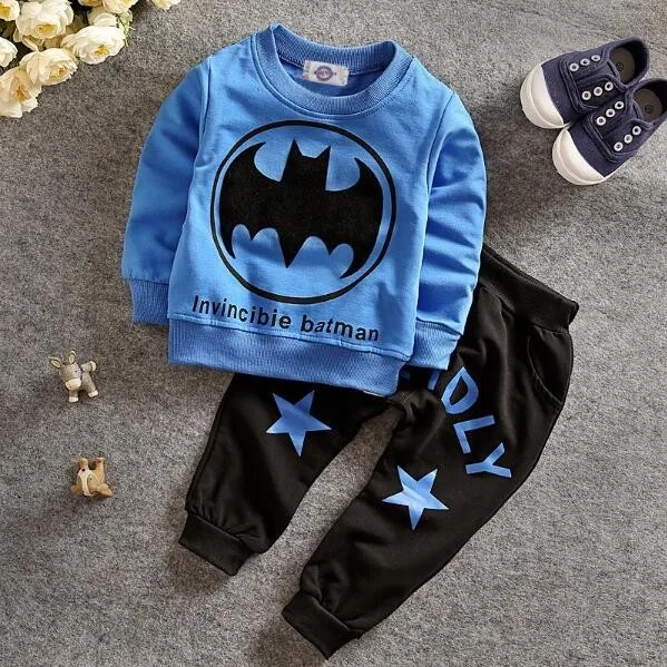 Комплект одежды с Бэтменом для девочек и мальчиков, повседневная хлопковая рубашка с длинными рукавами+ штаны на весну и осень, комплект одежды для детей