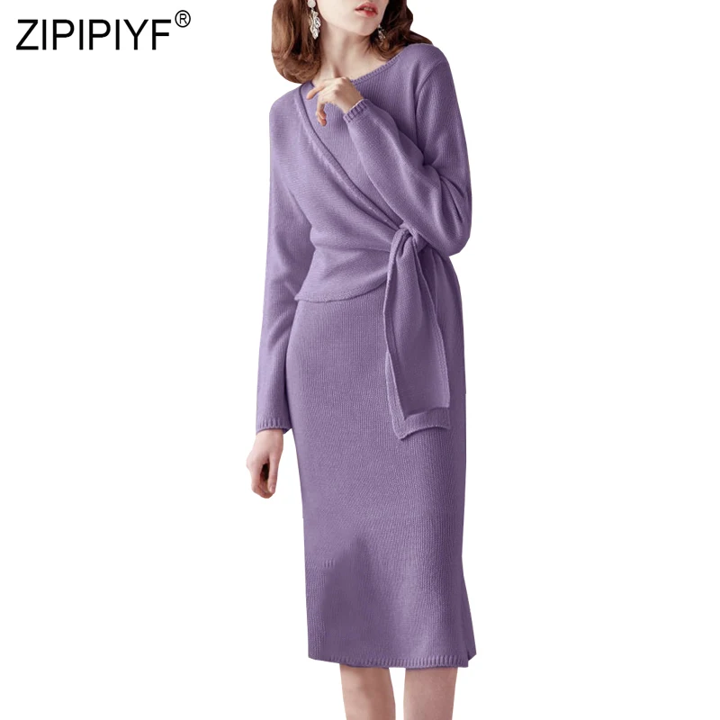 

2019 Spring Fashion Women Dresses Wool O Neck Long Sleeve Body-con Purple Dresses Knitting Bandage Fake Two Pieces Dresses Z221