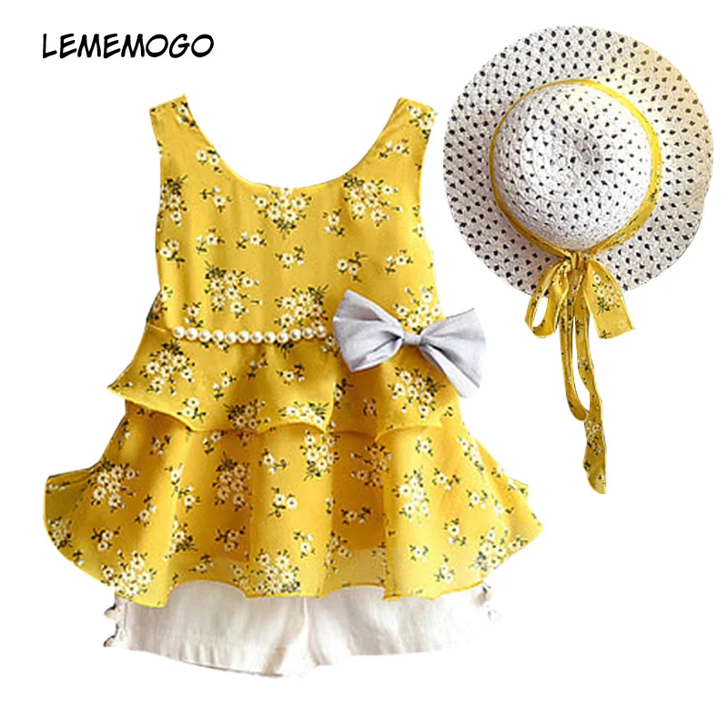 

LEMEMOGO Summer Fashion Girls Dresses Print Kids Chiffon Bow pearl Sets Princess Dress +shorts hat 3Pcs Suit Girls Clothes Set
