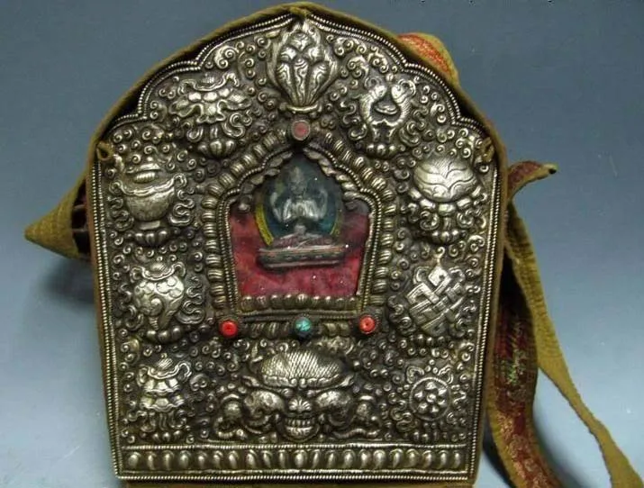 

Tibet Buddhism Copper Bronze inlay Silver Buddha BaBao TangKa Statue