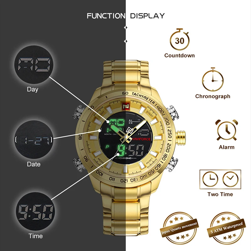  NAVIFORCE Mens Watches Luxury Gold Steel Strap Waterproof Sports LED Digital Military Quartz Wristw