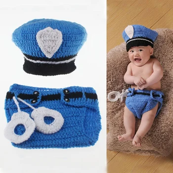 

Handmade Hat Sets Newborn Photography Props Police Clothes Cap Pants Suit Unisex Apparel Knit Baby Bonnet New Baby Accessories