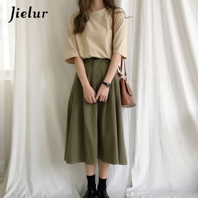 Apricot Jielur 10 карамельных цвет одноцветная Корейская футболка для женщин тонкие футболки Харадзюку женские свободные белые футболки летняя Прямая поставка футболки женские - Цвет: Apricot
