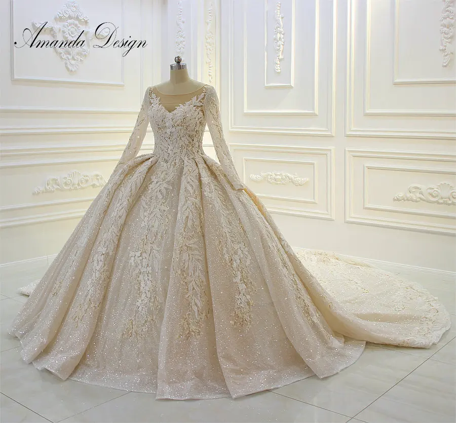 

Amanda Design Long Sleeve Lace Applique Beading Patterns Puffy Ball Gown Shiny Wedding Dress