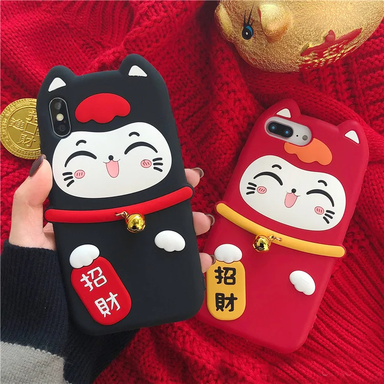 Мягкий чехол для iphone XS max Lucky Cat для iphone 11 pro max XR X 6 7 8 plus Maneki Neko праздничный мягкий чехол для телефона маленький колокольчик