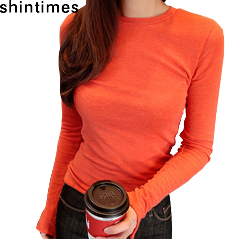 

Shintimes Slim T Shirt Tops 2019 Autumn Winter Vogue Tshirts Korean Sexy White Elasticity Button Long Sleeve Tee Shirt Femme