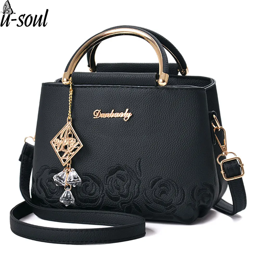

Embroidery Handbag Women Leather Pu Handbag Black Printing Flowers Crossbody Bag Female Totes A6513