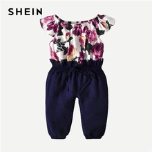 SHEIN Kiddie/комбинезон с цветочным принтом для маленьких девочек; Детский комбинезон с завязками; коллекция года; комбинезон с короткими рукавами и вырезом-лодочкой для девочек; детские комбинезоны