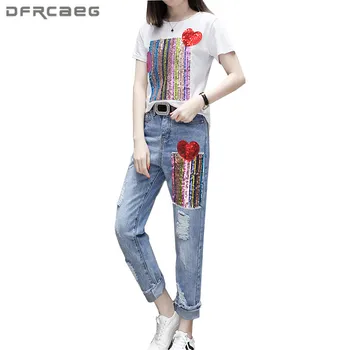 

New Arrival Two Piece Set Summer Top+ Jeans Women 2018 Fashion Streetwear Short Sleeve Sequins Denim Pants 2 Piece Clothing Set