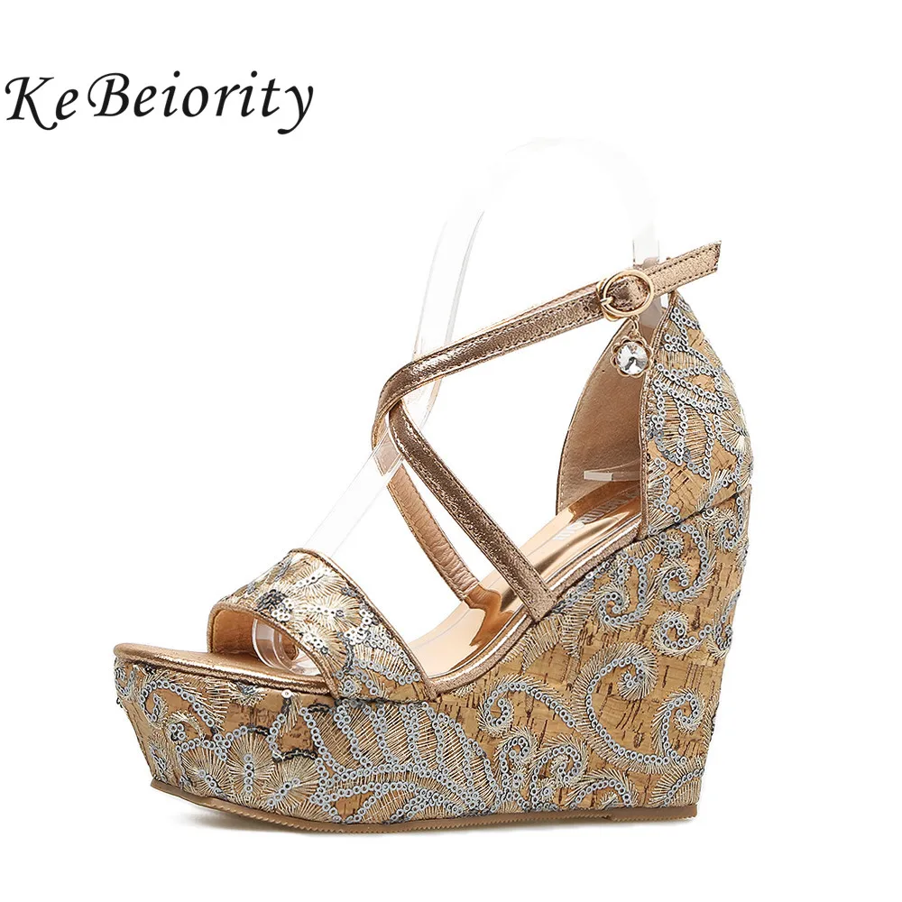 

KEBEIORITY Women Wedge Platform Sandals Ankle Strap Wedge Casual Shoes High Heels Summer Sandals Black Gold Wedding Party Shoes