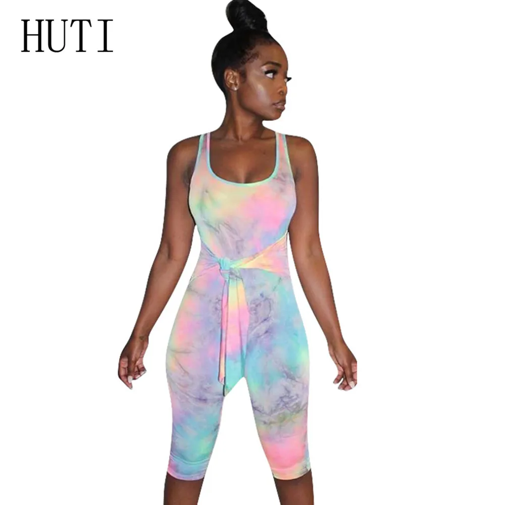 

HUTI Casual Vintage Hollow Out Sleeveless Elegant Rompers Women Jumpsuits Fashion Printed Bodycon Bandage Playsuits Femme