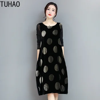 

TUHAO Party Dress 2019 Autumn Winter Plus Size 3XL 2xl Women's Loose Elegant Dresses Dot Print Long Female Black Club Dress OLZ
