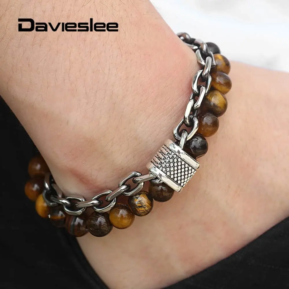 

Davieslee Stainless Steel Bracelets for Men Natural Tiger Eye Stone Beaded Mens Bracelet Wristband Double Layers LDB195