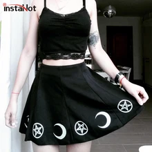 InstaHot, плиссированные юбки с принтом Луны, черная Готическая панк крутая мини-юбка, новая весенняя пикантная уличная одежда