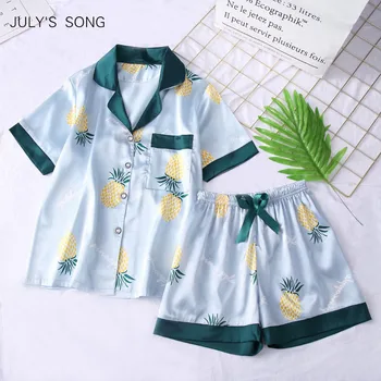 

JULY'S SONG Women's Faux Silk Satin Pajamas Set Short Sleeves Sleepwear Pajamas Suit Shorts Female Pajamas Two Piece Set Lounge