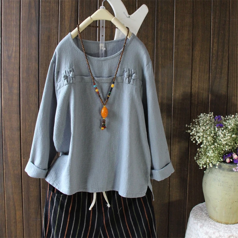 

4 Colors Spring Solid Retro Plate Buckle Embellished Cotton Linen Shirt For Women Long Sleeves Loose Casual Blouses Vintage Tops